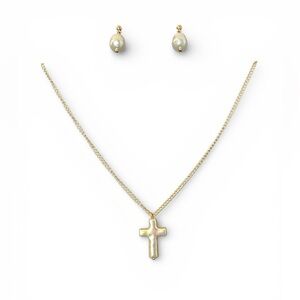 Hand Crafted Faux Pearl Cross Necklace and Earrings Set